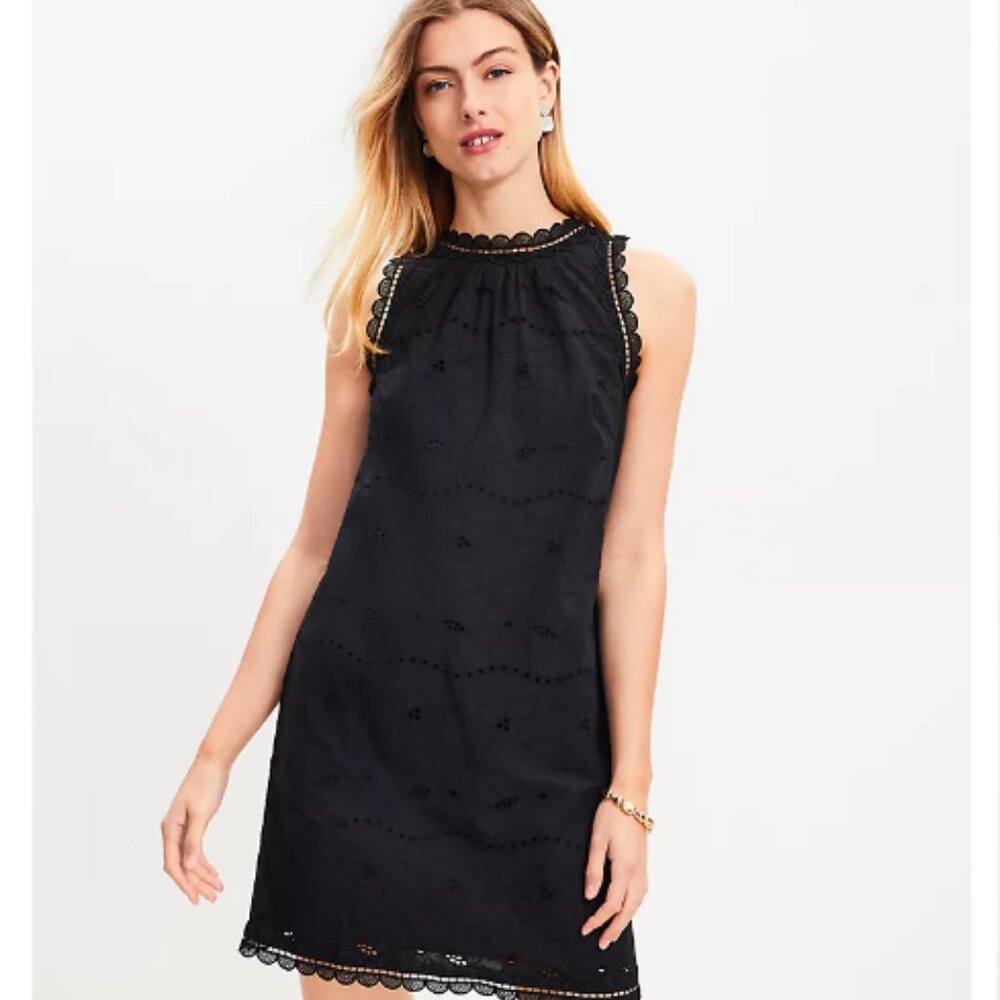 Loft Eyelet Lace Trim Shift Dress, Black, Size 6